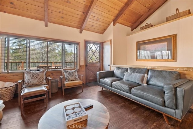living room featuring wood ceiling, wood finished floors, and vaulted ceiling with beams