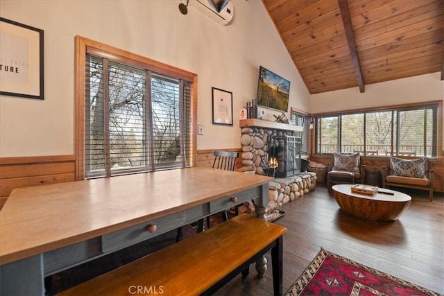 dining area with a stone fireplace, wood finished floors, beam ceiling, wood ceiling, and high vaulted ceiling