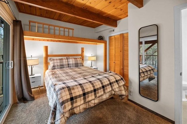 carpeted bedroom featuring beamed ceiling, a closet, visible vents, and wooden ceiling