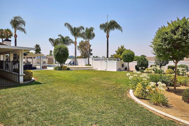 view of yard featuring a fenced backyard, a patio area, and a fenced in pool