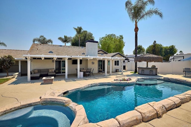 view of swimming pool with a fenced backyard, an outdoor living space, a patio, and a pool with connected hot tub