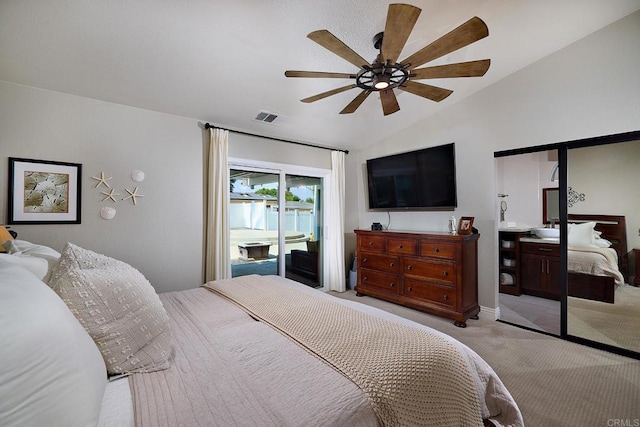 bedroom with vaulted ceiling, ceiling fan, light colored carpet, access to outside, and visible vents