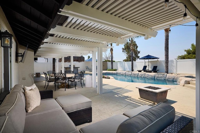 view of swimming pool with a fenced in pool, a patio, and a fenced backyard