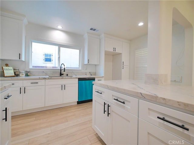 kitchen featuring a sink, dishwashing machine, visible vents, light stone counters, and white cabinets