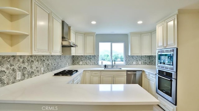 18971 Birch St, Perris, CA 92570 - kitchen featuring stainless steel appliances, wall chimney exhaust hood, a sink, a peninsula, and light countertops