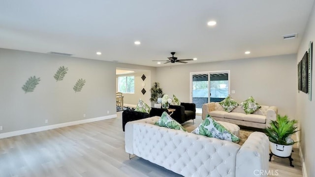 18971 Birch St, Perris, CA 92570 - living room featuring recessed lighting, a ceiling fan, light wood-style floors, and baseboards