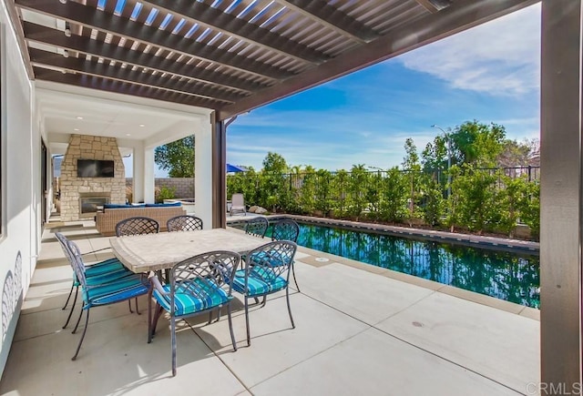 1221 Gable Ct, San Marcos, CA 92069 - view of patio / terrace featuring an outdoor stone fireplace, a pergola, and an outdoor pool