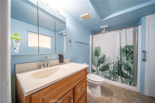 490 Crosby St, Altadena, CA 91001 - bathroom with vanity, curtained shower, toilet, tile patterned flooring, and visible vents