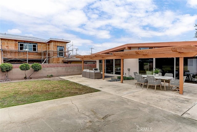 view of patio / terrace with a pergola, outdoor lounge area, outdoor dining area, and fence