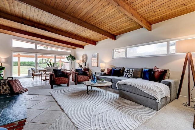 living area with wooden ceiling and lofted ceiling with beams