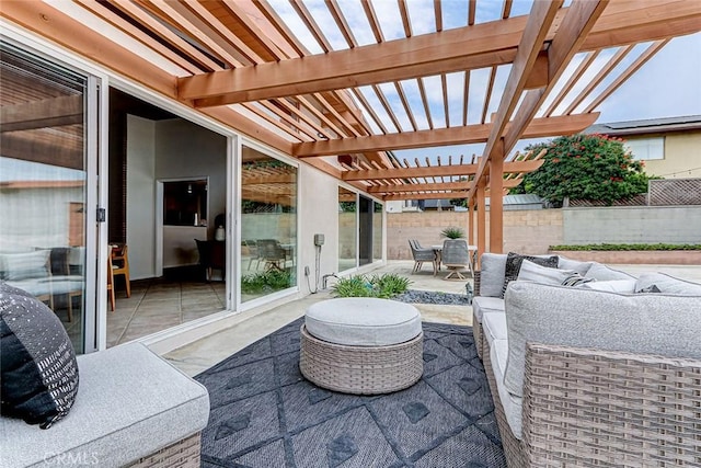 view of patio with a pergola, an outdoor hangout area, a fenced backyard, and outdoor dining area