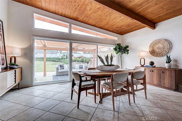 dining area featuring light tile patterned flooring, vaulted ceiling with beams, and wood ceiling