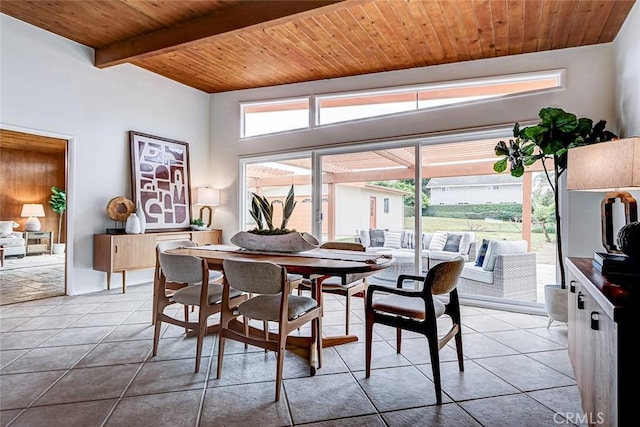 dining area featuring plenty of natural light, tile patterned flooring, and wood ceiling