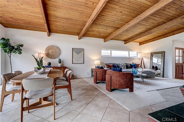 living area with wood ceiling, vaulted ceiling with beams, and light tile patterned floors