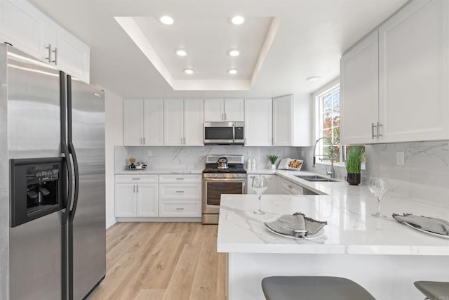 1194 Erin Dr, El Cajon, CA 92020 - kitchen with a peninsula, white cabinetry, stainless steel appliances, and a sink