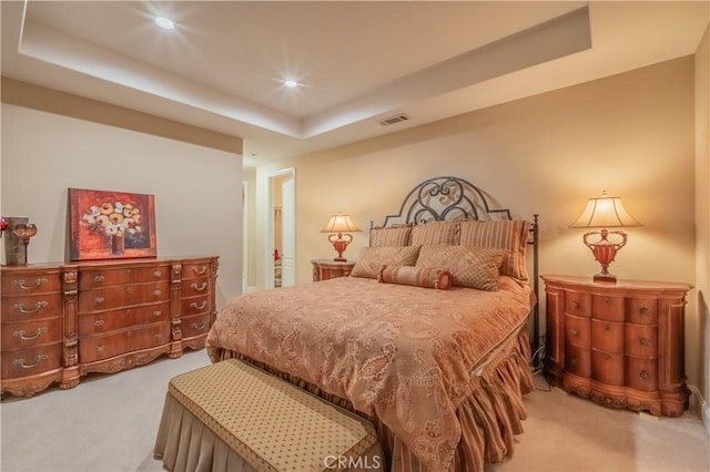 3499 Viewfield Ave, Hacienda Heights, CA 91745 - bedroom with light carpet, a tray ceiling, visible vents, and recessed lighting