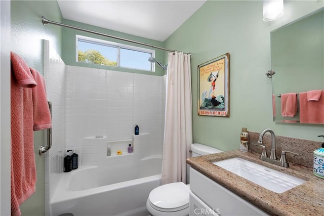 full bathroom featuring shower / tub combo, toilet, and vanity