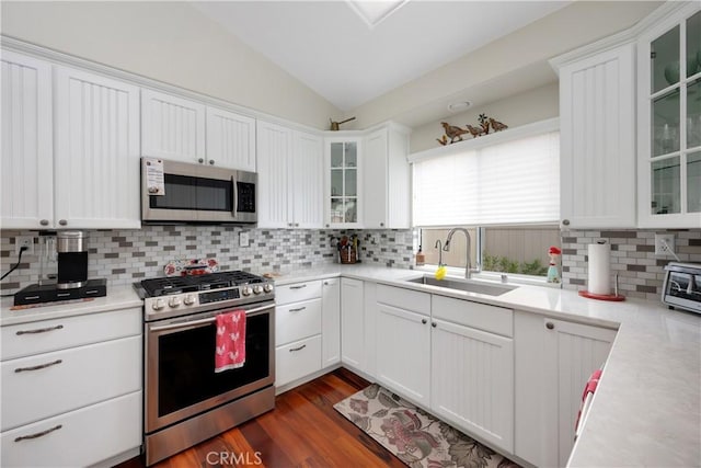 kitchen with appliances with stainless steel finishes, tasteful backsplash, light countertops, and a sink
