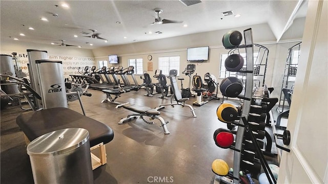 gym featuring ceiling fan, recessed lighting, and visible vents