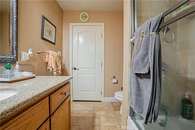 791 W 2nd St, San Pedro, CA 90731 - bathroom featuring vanity, a shower with door, toilet, and tile patterned floors