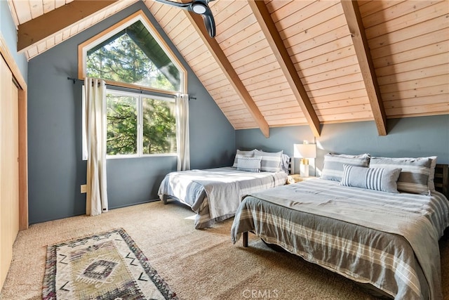 27979 N Bay Rd, Lake Arrowhead, CA 92352 - bedroom featuring carpet, wooden ceiling, and lofted ceiling with beams