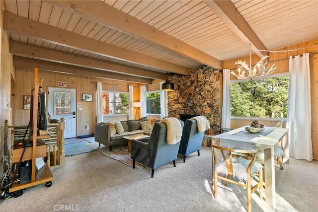 27979 N Bay Rd, Lake Arrowhead, CA 92352 - living area with a chandelier, plenty of natural light, and beamed ceiling