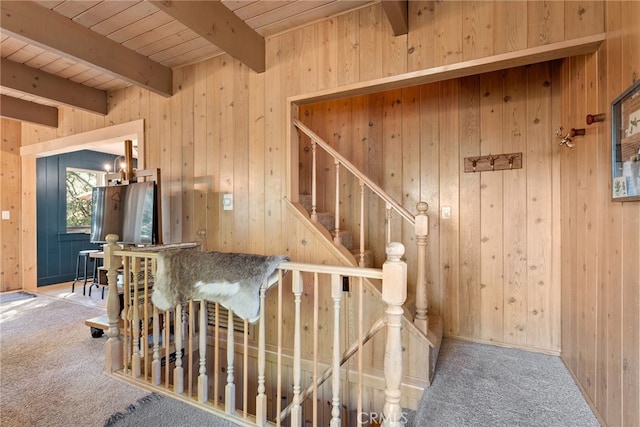 27979 N Bay Rd, Lake Arrowhead, CA 92352 - stairs with wood ceiling, carpet floors, and wood walls