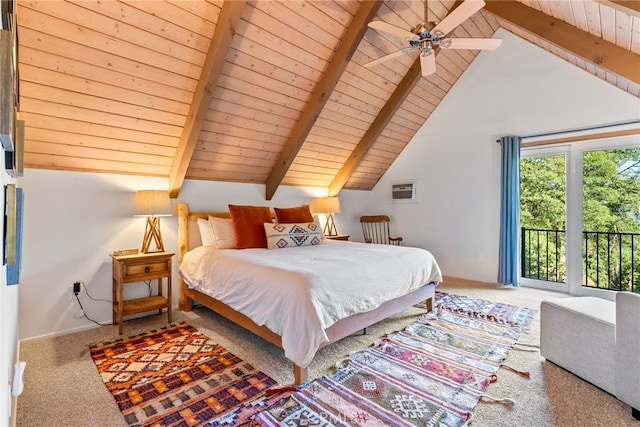 27979 N Bay Rd, Lake Arrowhead, CA 92352 - bedroom with a ceiling fan, wooden ceiling, carpet floors, baseboards, and lofted ceiling with beams