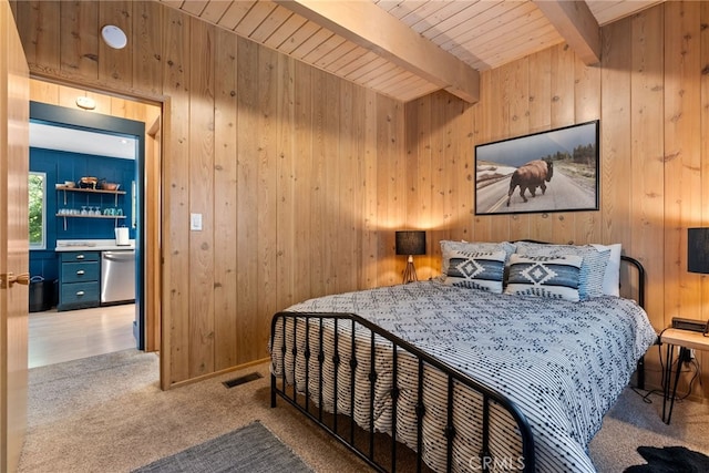 27979 N Bay Rd, Lake Arrowhead, CA 92352 - bedroom with wooden walls, carpet, wooden ceiling, beam ceiling, and visible vents