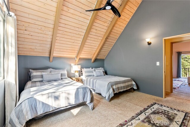 27979 N Bay Rd, Lake Arrowhead, CA 92352 - carpeted bedroom featuring vaulted ceiling with beams and wooden ceiling