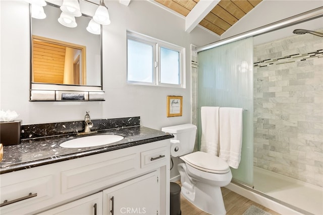 27979 N Bay Rd, Lake Arrowhead, CA 92352 - full bathroom with a shower stall, toilet, vanity, wood ceiling, and lofted ceiling with beams