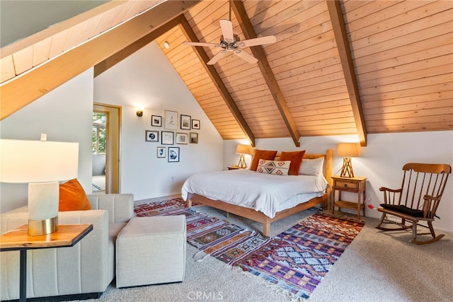 27979 N Bay Rd, Lake Arrowhead, CA 92352 - bedroom featuring carpet, wooden ceiling, and lofted ceiling with beams