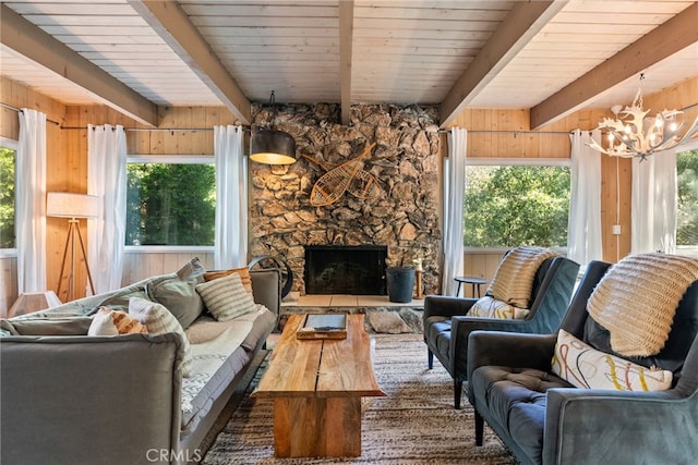 27979 N Bay Rd, Lake Arrowhead, CA 92352 - living room with beamed ceiling, wood walls, and a notable chandelier
