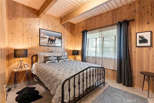 27979 N Bay Rd, Lake Arrowhead, CA 92352 - carpeted bedroom with beamed ceiling, baseboards, wood walls, and wooden ceiling