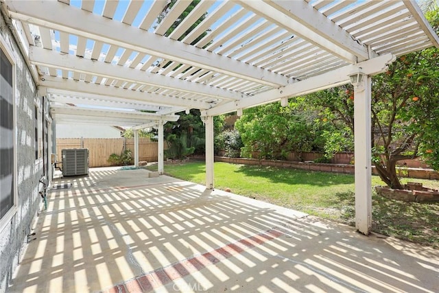 view of patio / terrace featuring central air condition unit, a pergola, and a fenced backyard