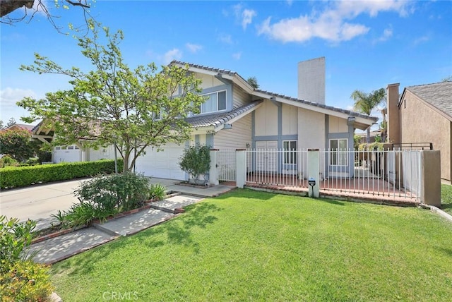view of front of property featuring a chimney, fence, a front lawn, driveway, and a garage