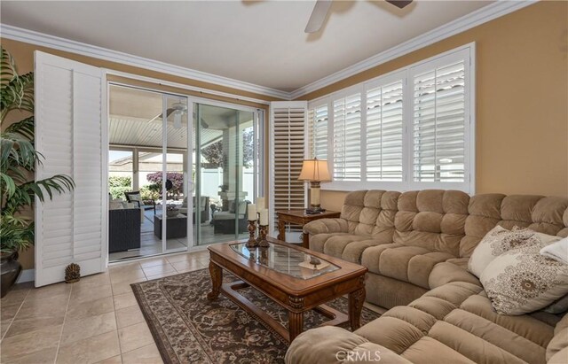 1765 Desert Poppy Ln, Beaumont, CA 92223 - living area with a ceiling fan, ornamental molding, and light tile patterned flooring