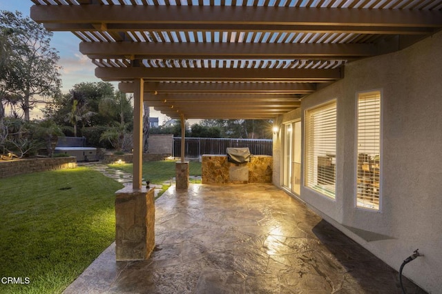 view of patio featuring fence and a pergola