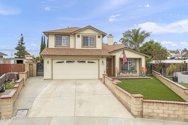 traditional-style home featuring fence, a shingled roof, a front lawn, concrete driveway, and an attached garage