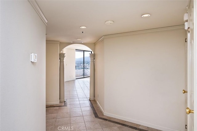 345 Pioneer Dr Unit 1705, Glendale, CA 91203 - corridor with arched walkways, baseboards, ornamental molding, recessed lighting, and light tile patterned floors