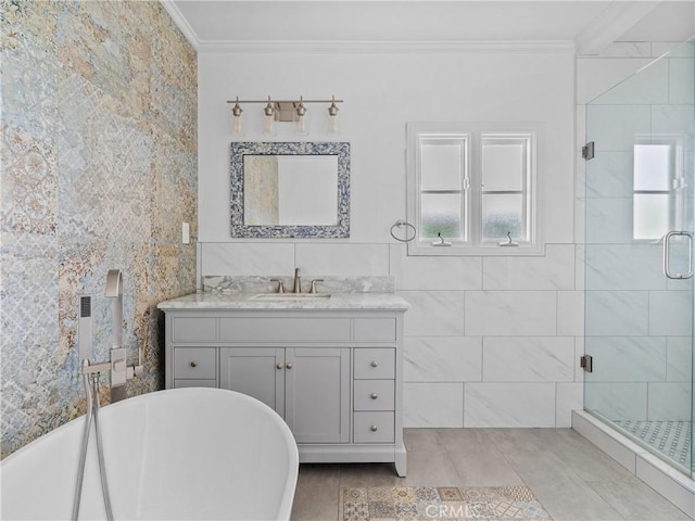 6608 Via Siena, Rancho Palos Verdes, CA 90275 - bathroom featuring crown molding, a freestanding tub, healthy amount of natural light, a stall shower, and vanity