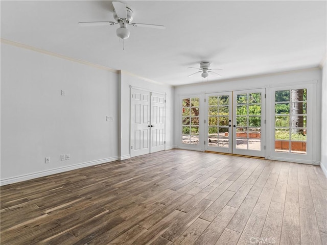 6608 Via Siena, Rancho Palos Verdes, CA 90275 - spare room featuring ceiling fan, wood finished floors, baseboards, ornamental molding, and french doors