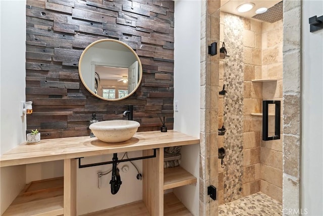 6608 Via Siena, Rancho Palos Verdes, CA 90275 - bathroom featuring a shower stall, vanity, backsplash, and wood finished floors