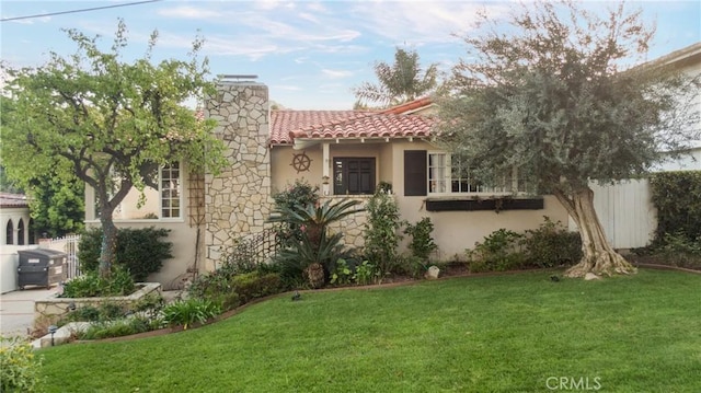 6608 Via Siena, Rancho Palos Verdes, CA 90275 - mediterranean / spanish-style house with stucco siding, a tile roof, and a chimney