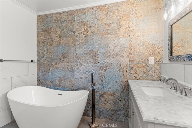 6608 Via Siena, Rancho Palos Verdes, CA 90275 - bathroom with tile walls, vanity, a freestanding tub, and crown molding
