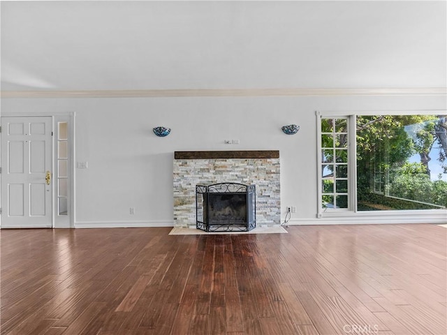 6608 Via Siena, Rancho Palos Verdes, CA 90275 - unfurnished living room featuring wood finished floors, crown molding, baseboards, and a stone fireplace