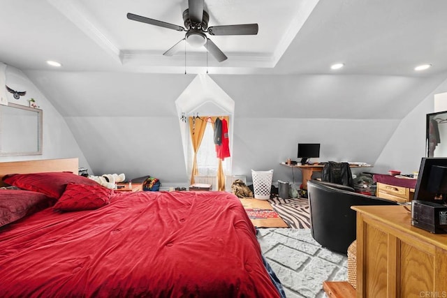 37650 Tripp Flats Rd, Anza, CA 92539 - bedroom with ceiling fan, vaulted ceiling, a tray ceiling, and recessed lighting