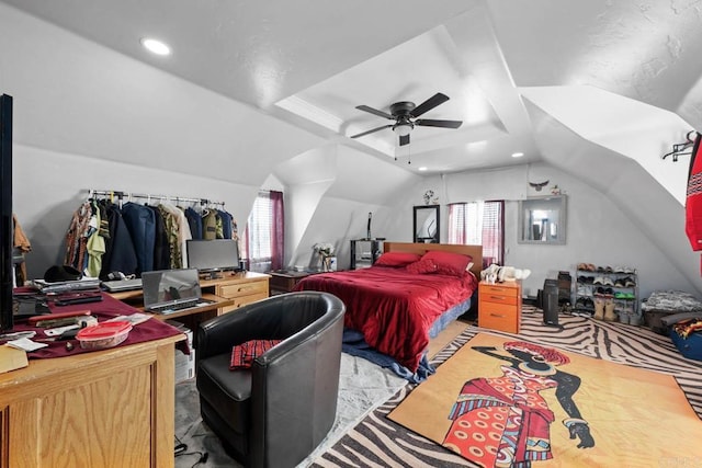 37650 Tripp Flats Rd, Anza, CA 92539 - bedroom featuring ceiling fan, lofted ceiling, and recessed lighting