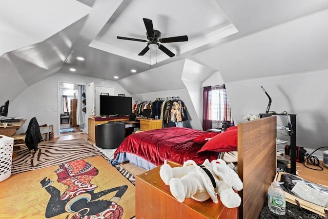 37650 Tripp Flats Rd, Anza, CA 92539 - bedroom with lofted ceiling, a ceiling fan, and recessed lighting