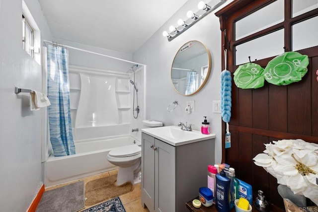37650 Tripp Flats Rd, Anza, CA 92539 - bathroom with tile patterned flooring, toilet, vanity, and shower / bathtub combination with curtain
